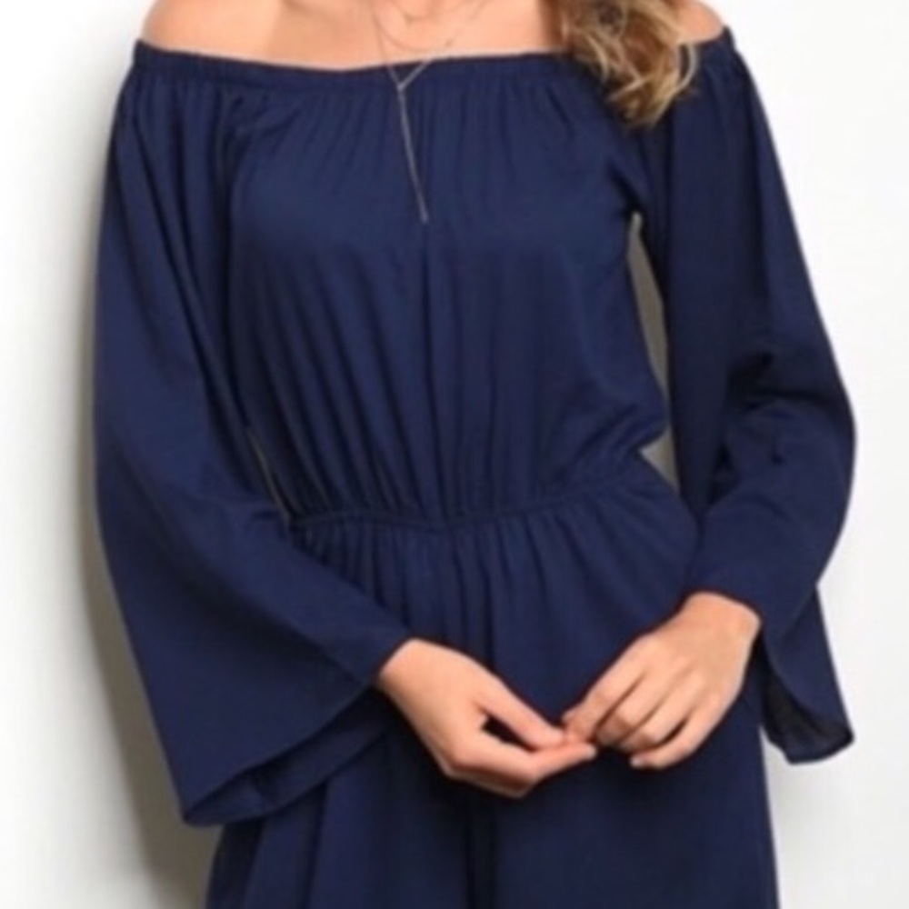 NAVY BLUE OFF THE SHOULDERS SMOCK JUMPSUIT - Picture 3 of 7